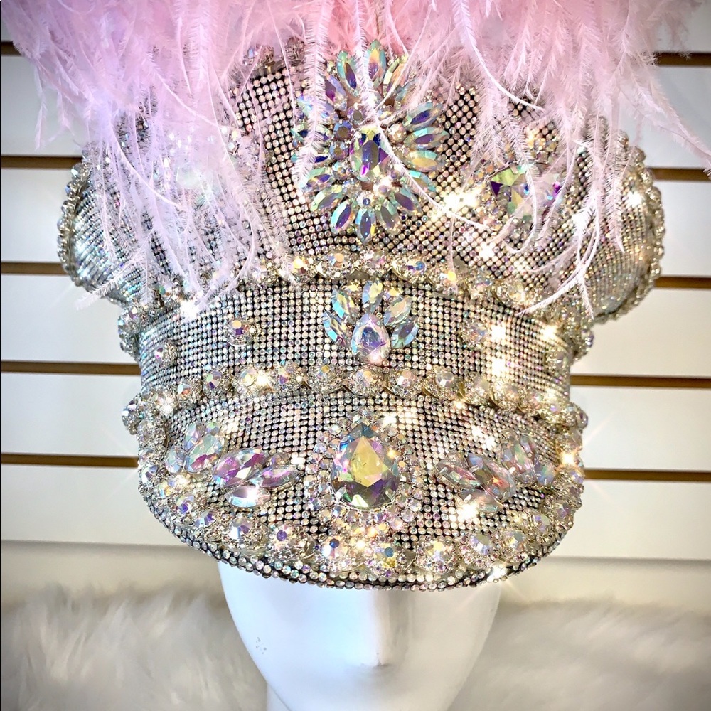 NEW-Burning man military crystal hat with feathers - Picture 3 of 4